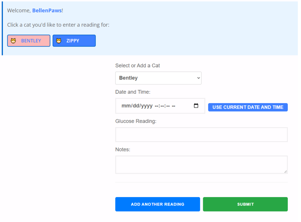 BellenPaws.com - Cat Diabetic Tracker Input Form